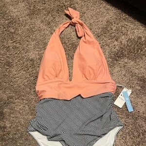 Peach and Striped Halter Swimsuit